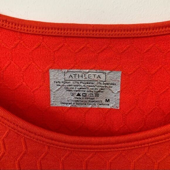 Athleta Bright Orange Honeycomb Round Neck Workout Stretchy Short Sleeve Shirt - Picture 3 of 5